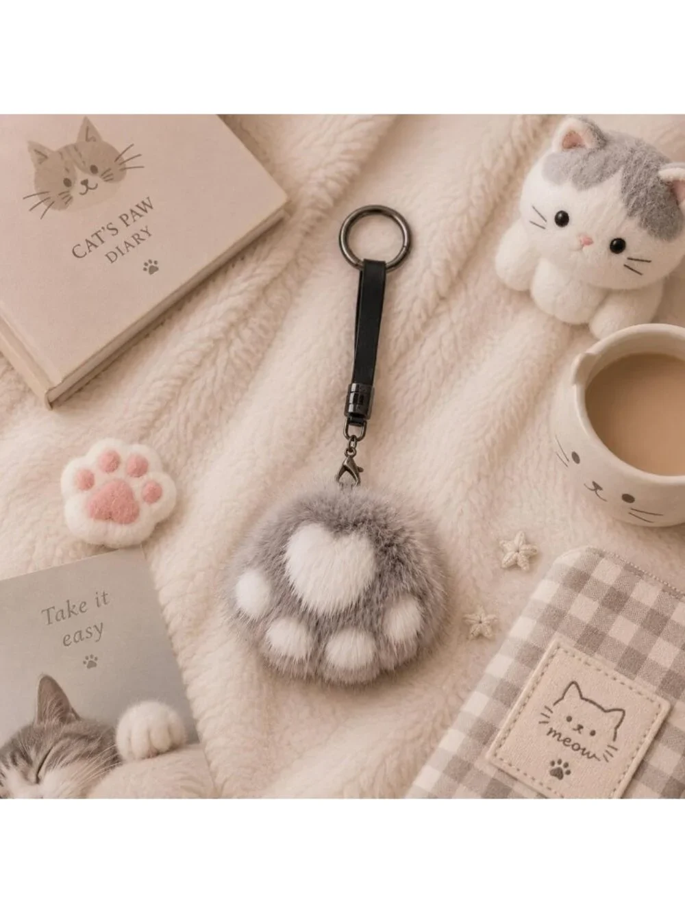 Fluffy Gray Mink Cat Paw Keychain - Soft Sensory Accessory for Cat Lovers